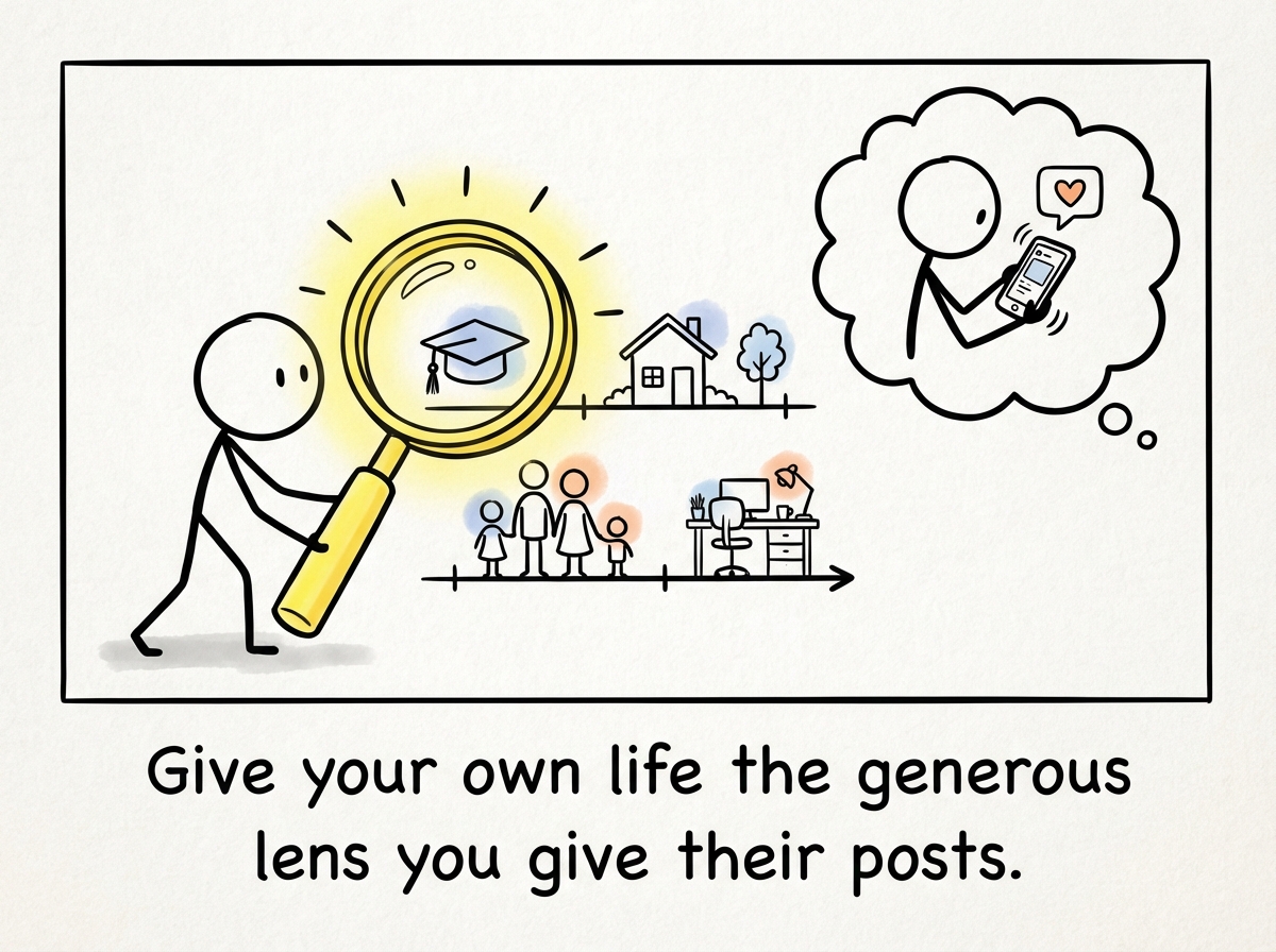 A stick figure looking at their own life with the same generosity they give to others' highlight reels -- noticing the good, the warm, the real