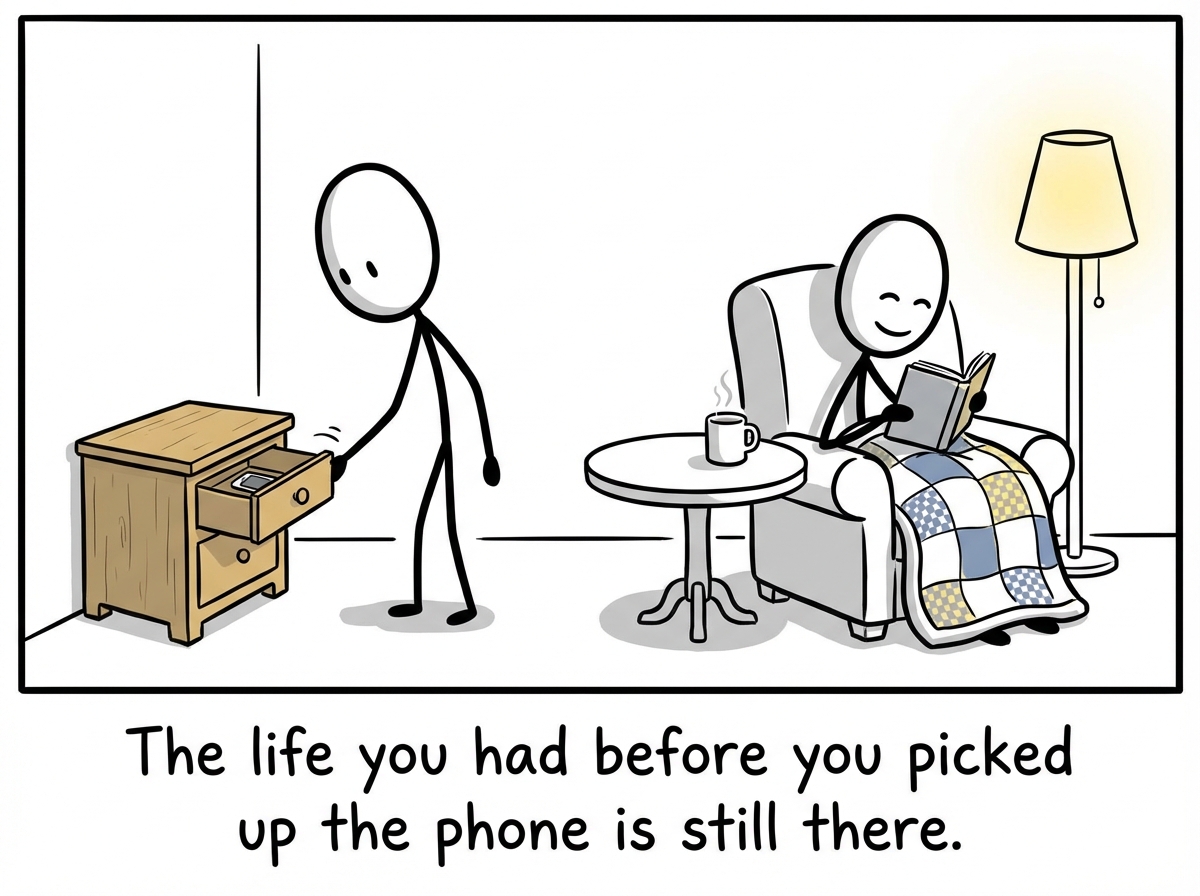 A stick figure putting the phone in a drawer and returning to their cozy evening. The warm drink is still there. The room is still good. They can see it again