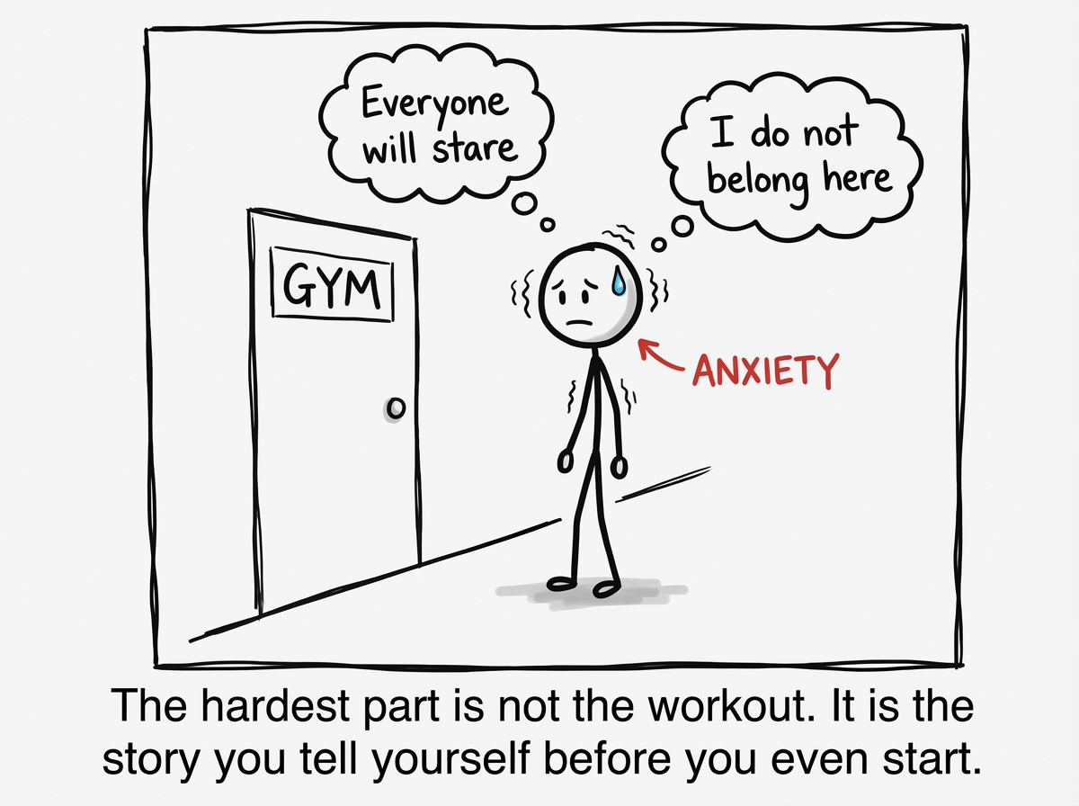 A stick figure standing outside a gym door, frozen with anxiety. Thought bubbles show 'Everyone will stare' and 'I do not belong here'