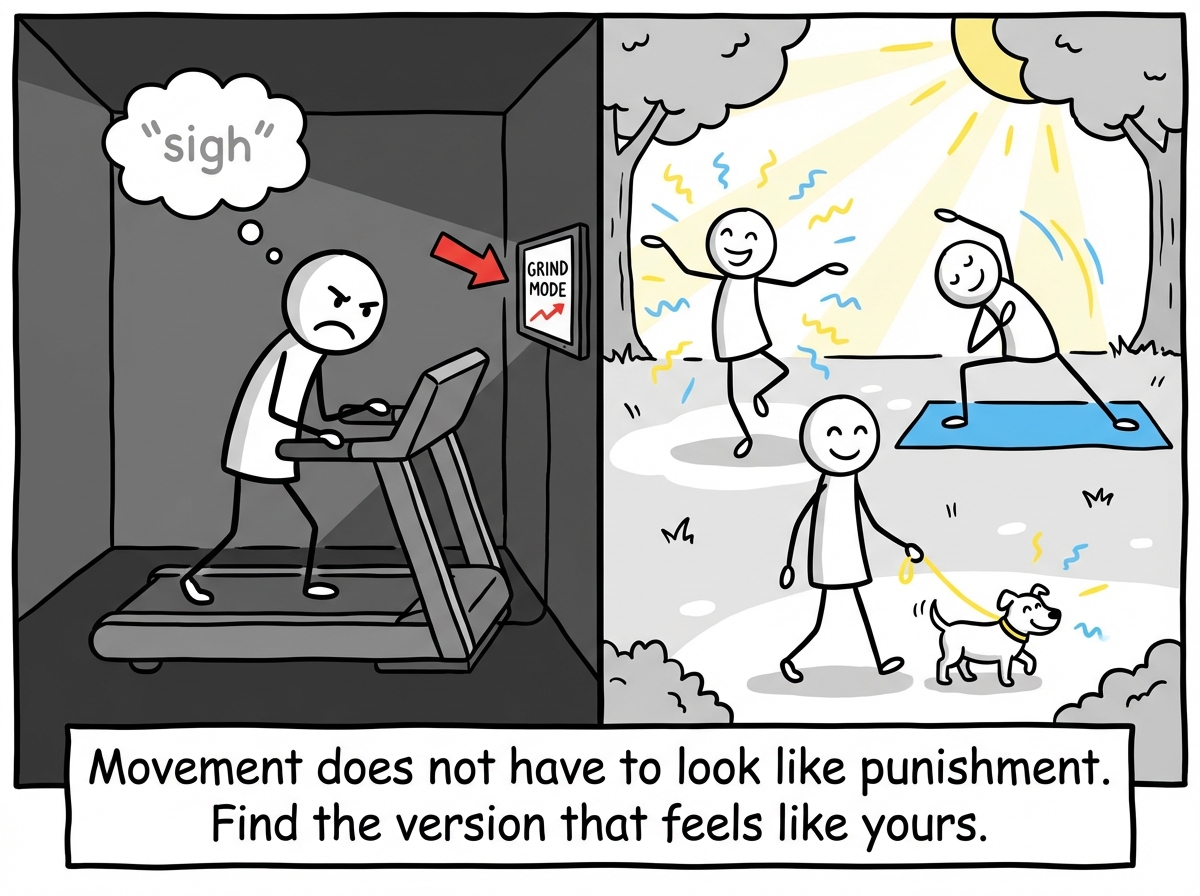A stick figure moving joyfully -- dancing, stretching, walking a dog -- instead of grinding on a treadmill with a miserable face