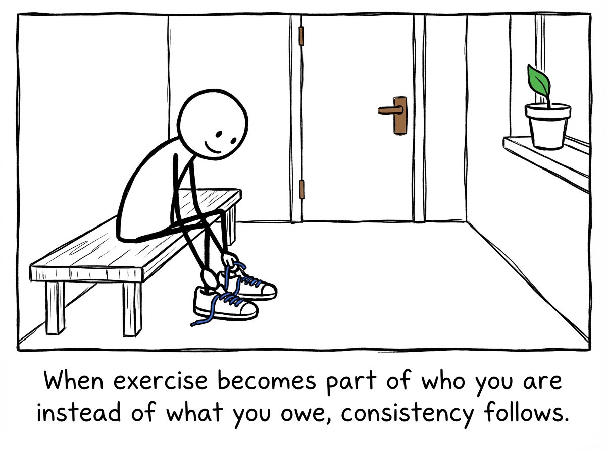 A stick figure lacing up shoes with a calm expression. No scoreboard, no timer, no audience. Just them and the door