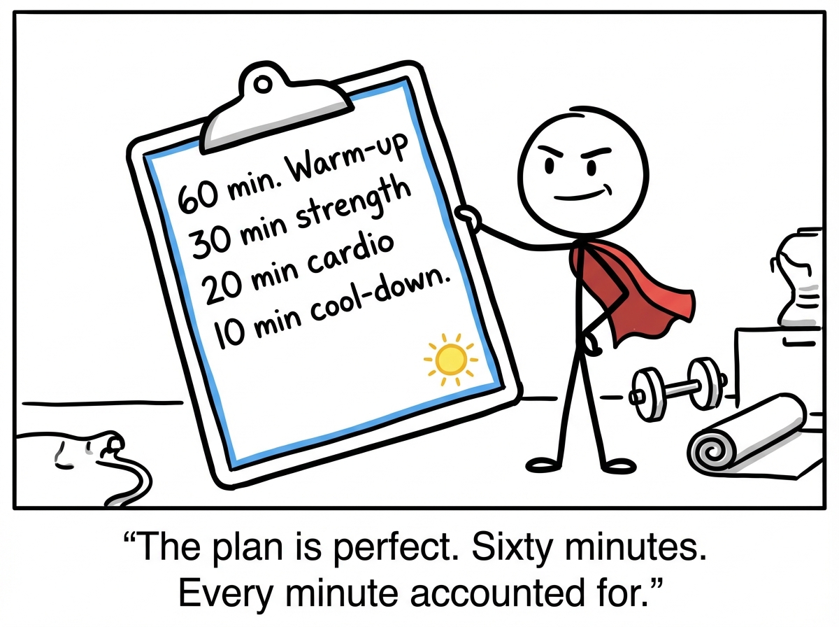 A stick figure holding a detailed workout plan on a clipboard: '60 min. Warm-up, 30 min strength, 20 min cardio, 10 min cool-down.' They look proud and determined