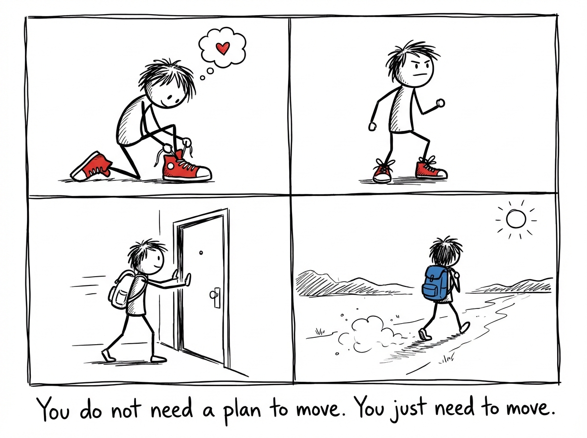 A stick figure lacing up shoes and walking out the door. No plan, no timer, no clipboard. Just movement
