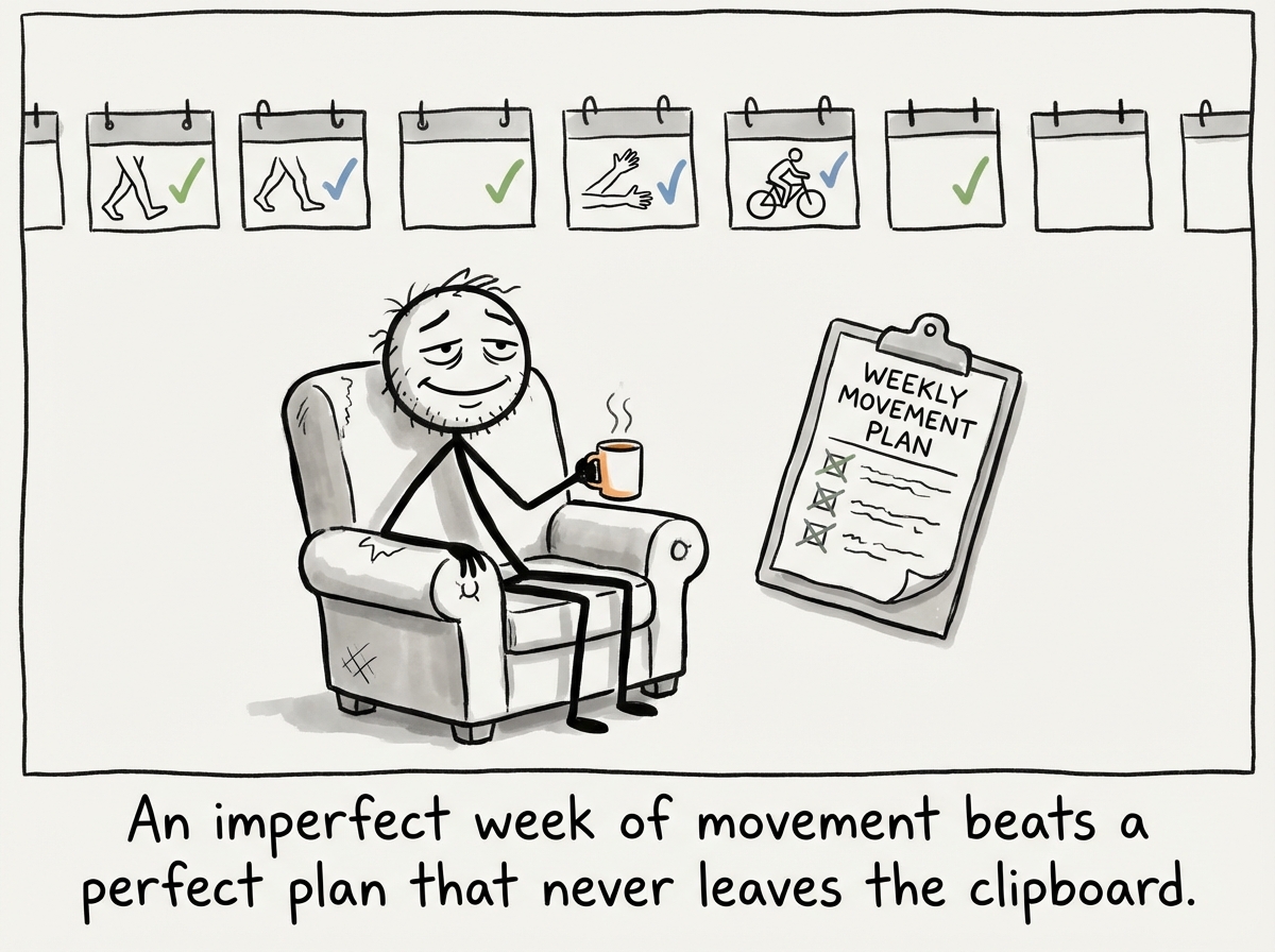 A stick figure at the end of the week with a row of small checkmarks -- short walks, stretches, a bike ride. Imperfect but real. They look satisfied