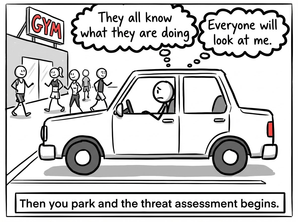 The stick figure sits in the parked car, engine off, watching fit people confidently enter the gym. Thought bubbles multiply: 'They all know what they are doing' and 'Everyone will look at me'
