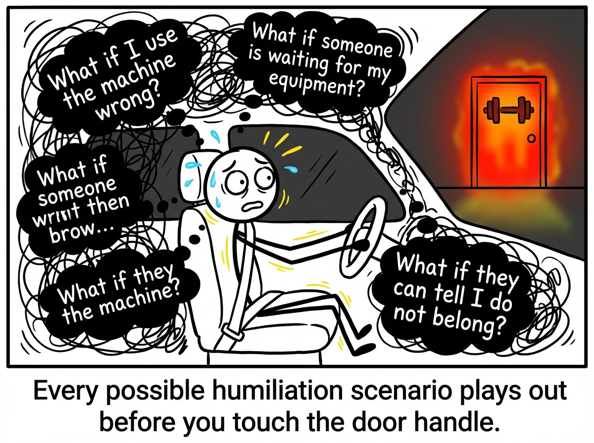 The stick figure is frozen in the car seat, surrounded by a storm of anxious thoughts: 'What if I use the machine wrong?' 'What if someone is waiting for my equipment?' 'What if they can tell I do not belong?' The gym door glows ominously in the distance