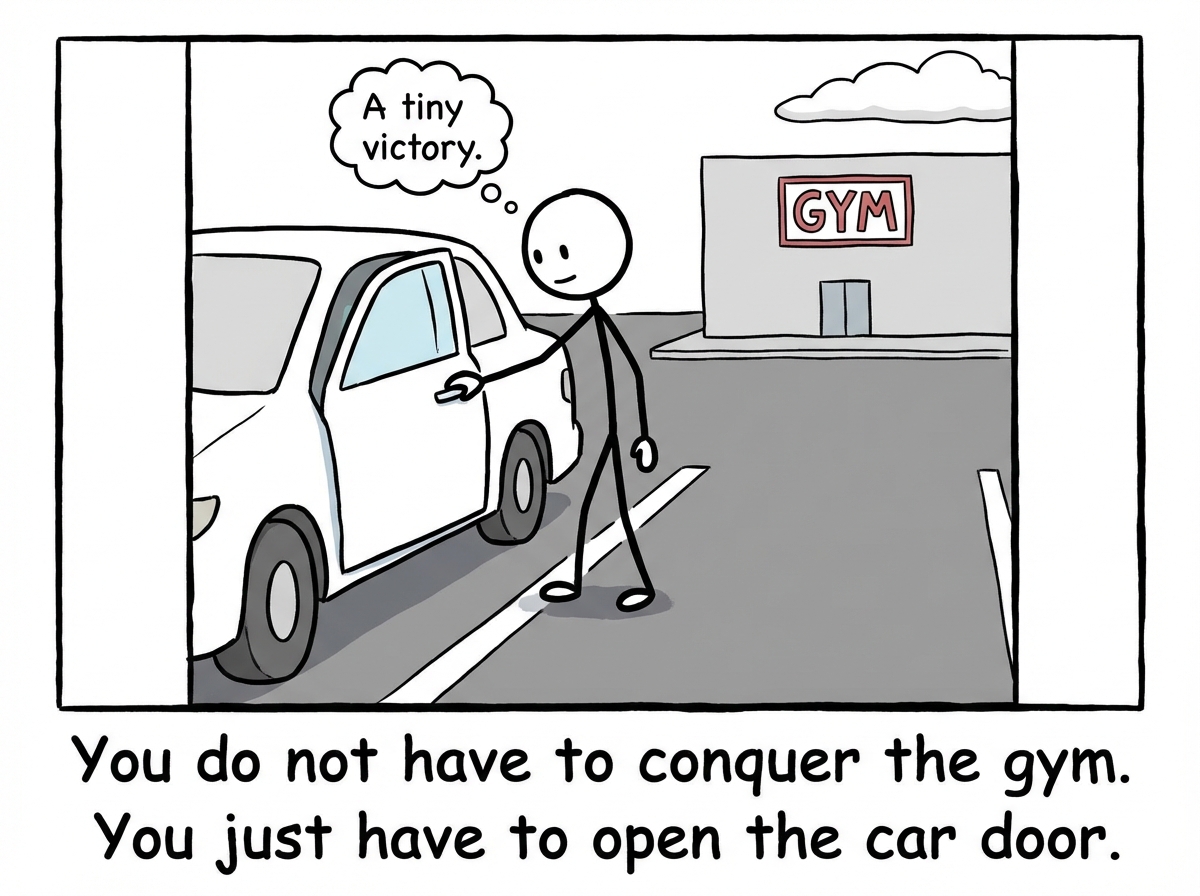 A stick figure opening the car door just one inch, feet on the ground. A tiny victory. The gym is still there