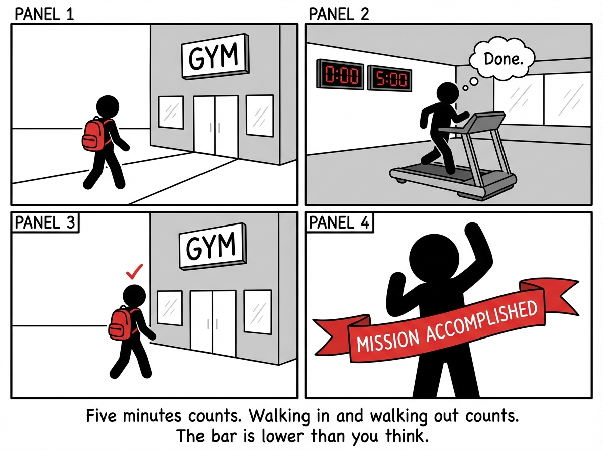 A stick figure walking in and spending exactly five minutes on a treadmill, then leaving. A small checkmark appears. Mission accomplished
