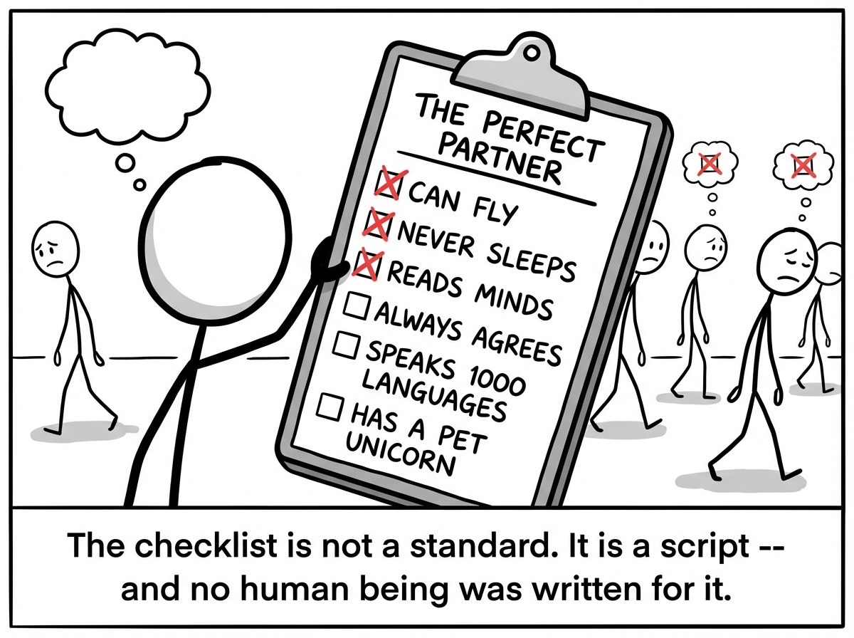 A stick figure holding a checklist labeled 'The Perfect Partner' with impossible items: reads my mind, never argues, always makes the first move. Every real person fails the list