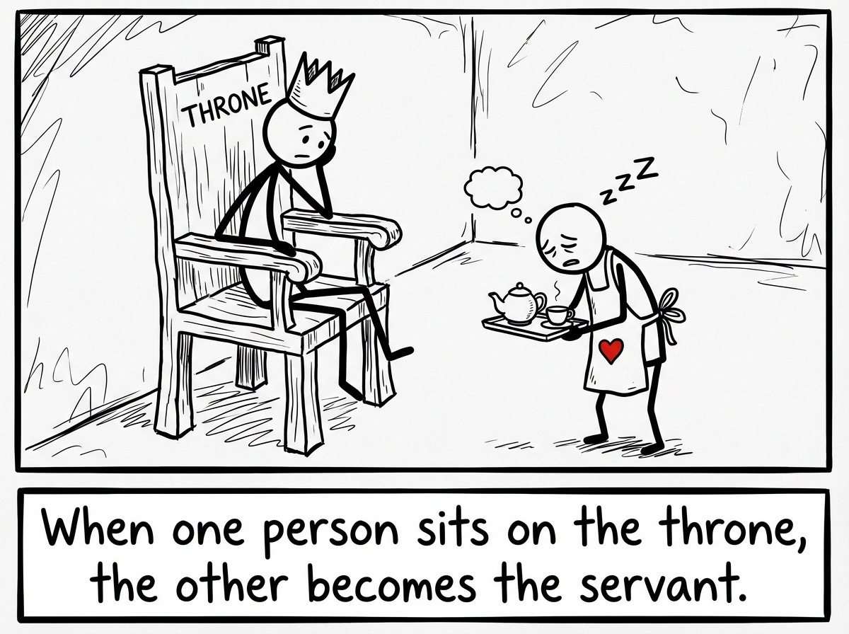 A stick figure sitting on a throne expecting their partner to kneel, while the partner stands exhausted holding a tray of unmet expectations. The figure on the throne does not notice the imbalance