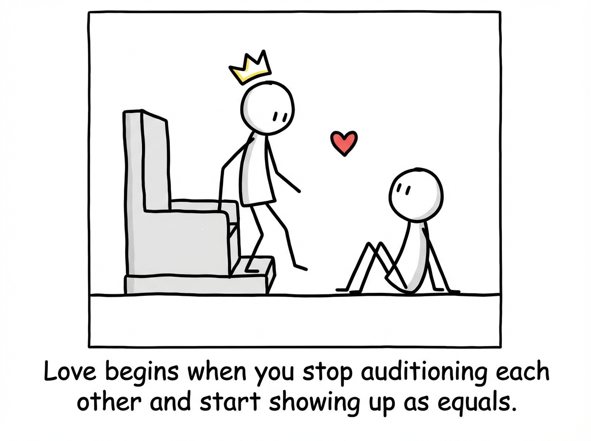 A stick figure stepping down from the throne and sitting on the same level as their partner. The crown is off. They look at each other as equals for the first time