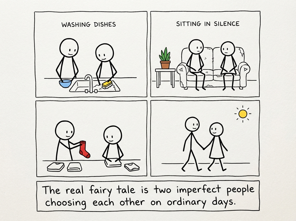 Two stick figures doing mundane things together -- washing dishes, sitting in silence, laughing at nothing. No castle, no script, no crowns. Just two people. A label reads 'The real fairy tale'