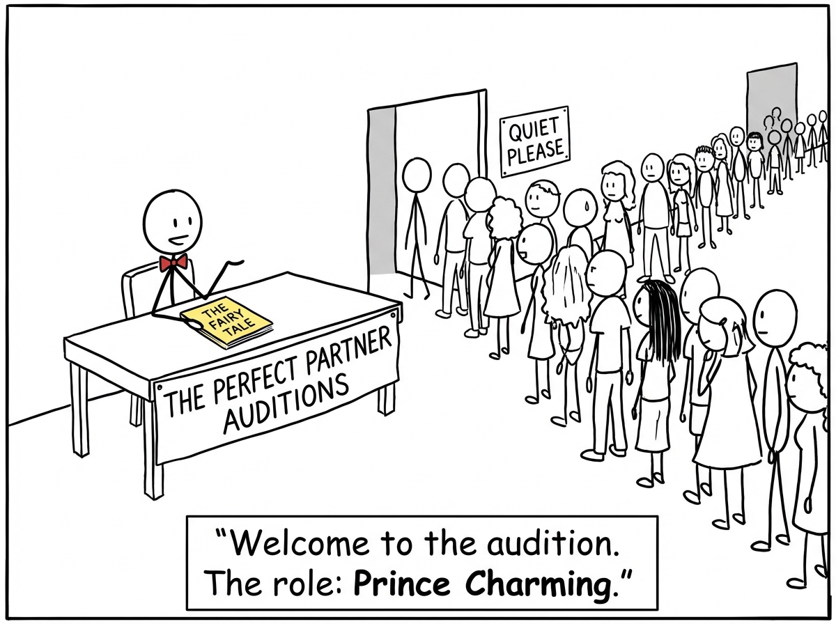 A stick figure sits behind a casting table labeled 'The Perfect Partner Auditions.' A long line of hopeful stick figures stretches out the door. The director holds a script titled 'The Fairy Tale' and checks each candidate against impossible criteria