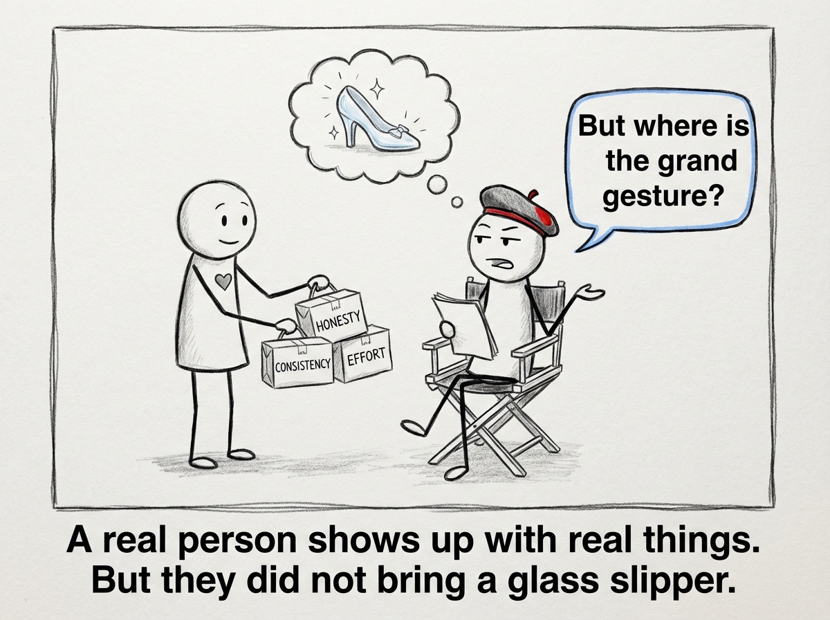 A genuinely kind person stands at the audition table, offering real things -- honesty, consistency, effort. The director squints at the script and says 'But where is the grand gesture?' The kind person looks deflated