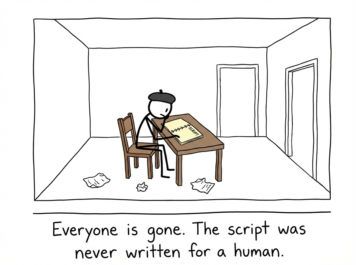 The audition room is empty. Everyone has been rejected. The director sits alone with the script, thinking 'No one is good enough.' The script glows faintly -- it was never written for a real human