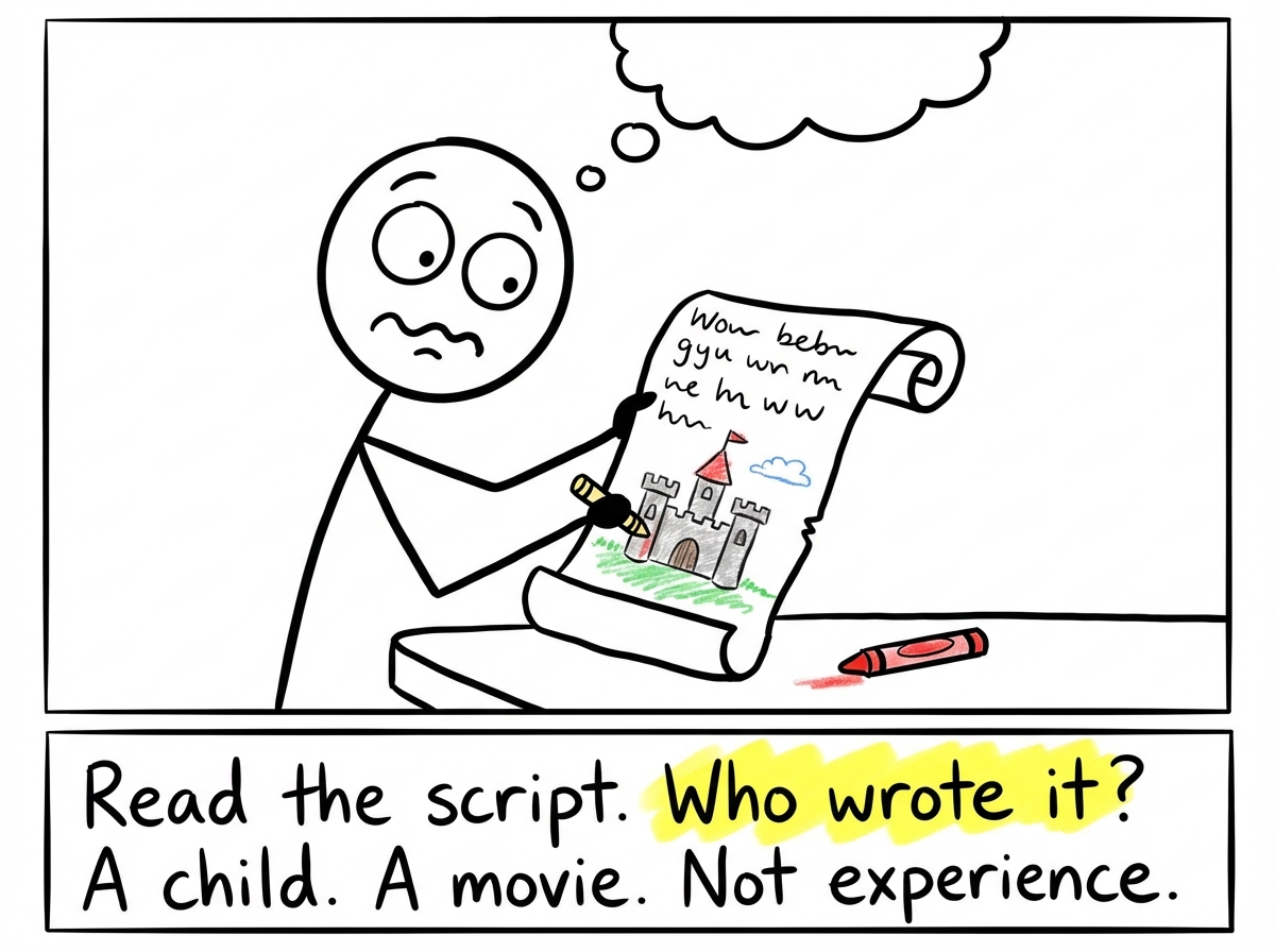 A stick figure reading the fairy-tale script and realizing it was written by a child who had never been in a real relationship. The handwriting is literally a child's