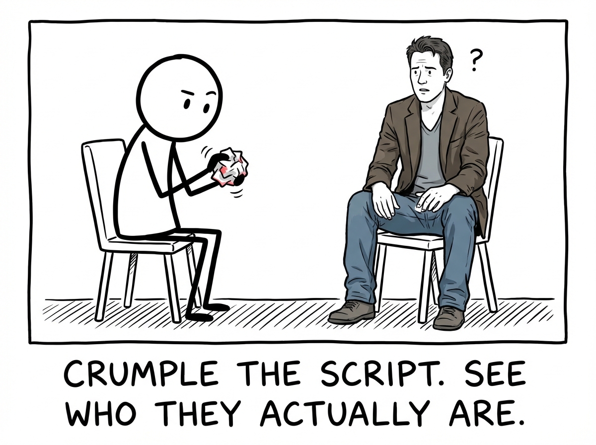 A stick figure crumpling the script and sitting across from a real person. No table. No clipboard. Just two people seeing each other