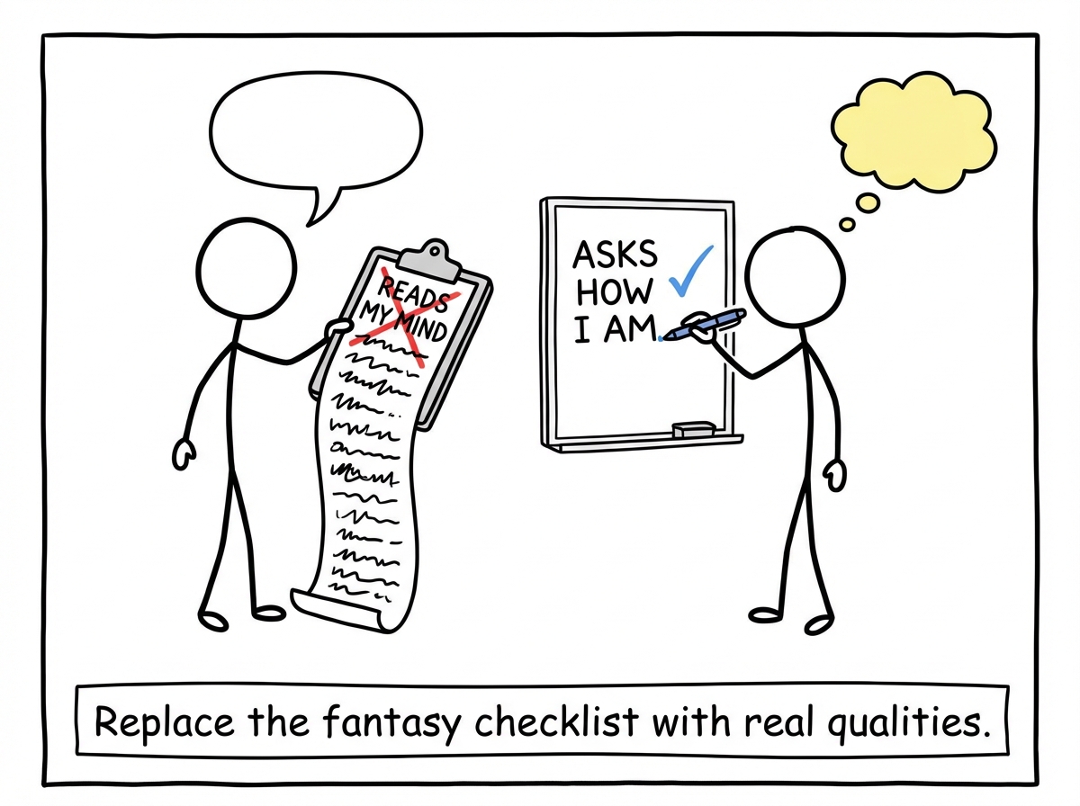 A stick figure replacing 'reads my mind' with 'asks how I am,' and 'grand gesture' with 'shows up consistently.' The new list is shorter but real