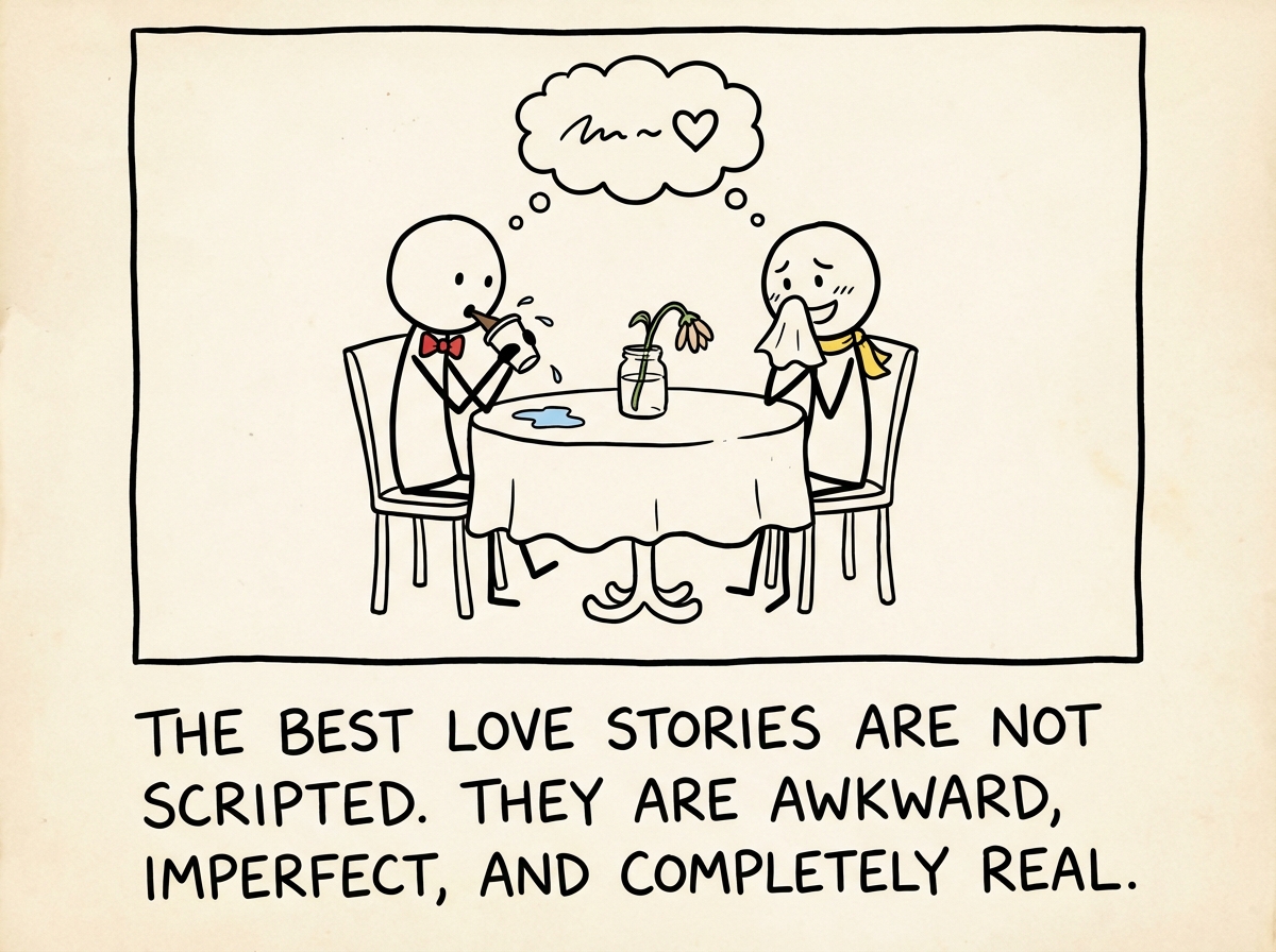Two stick figures on an imperfect date -- slightly awkward, slightly messy, but genuinely present. No script, no audition. Just two humans figuring it out