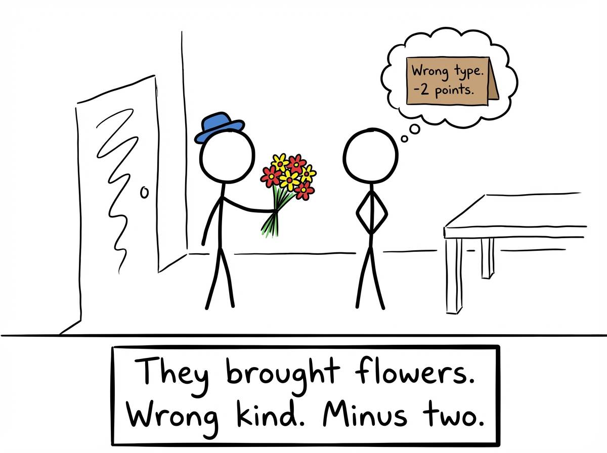 A stick figure partner arrives with flowers and a smile. The other figure holds a hidden scorecard and writes: 'Flowers: wrong type. -2 points. Did not read my mind about wanting tulips.' The partner has no idea they are being graded
