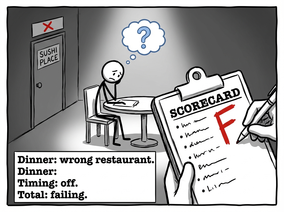 The partner plans a dinner date. The scorecard figure writes: 'Picked Italian but I was thinking Thai. -3. Did not sense my mood correctly. -2. Said I love you but timing was off. -1.' Total score: failing