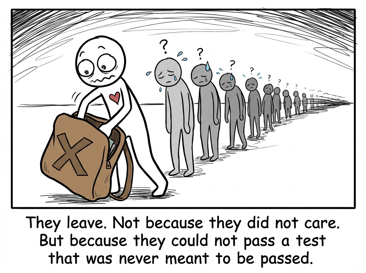 The partner packing a bag. The scorecard figure is shocked: 'But I had such high standards!' A trail of exhausted past partners stretches behind them, each one having failed the same invisible test