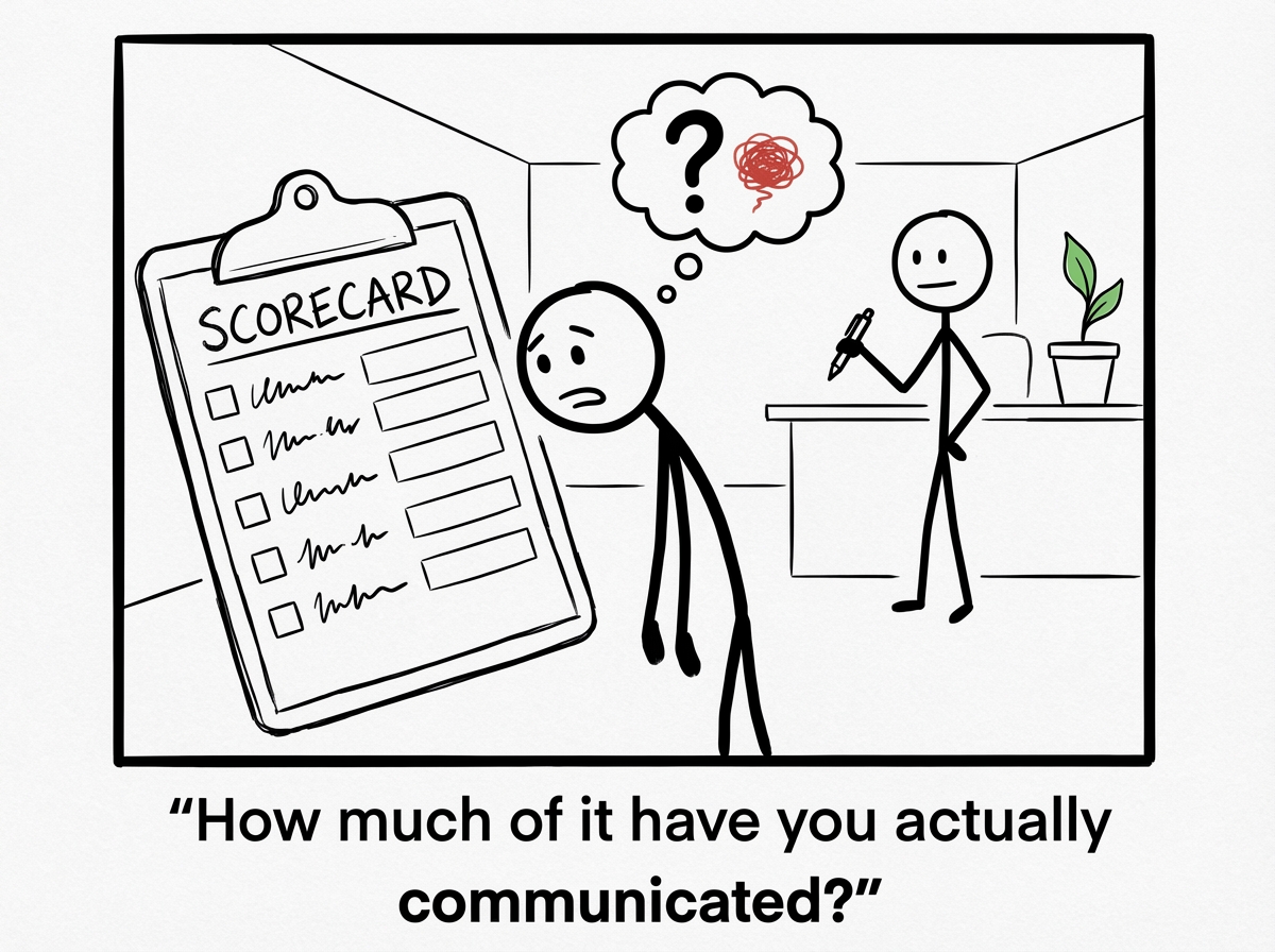 A stick figure looking at the scorecard and realizing all the criteria are unspoken. A thought bubble reads 'I never actually told them any of this'