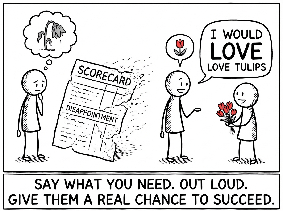 A stick figure saying out loud 'I would love tulips' instead of waiting to be disappointed by roses. The partner lights up. The scorecard starts to dissolve