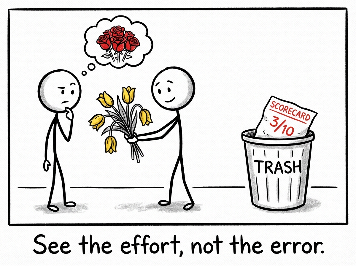 A stick figure receiving wrong flowers and choosing to see the effort instead of the error. The scorecard is in the trash. The flowers are in a vase