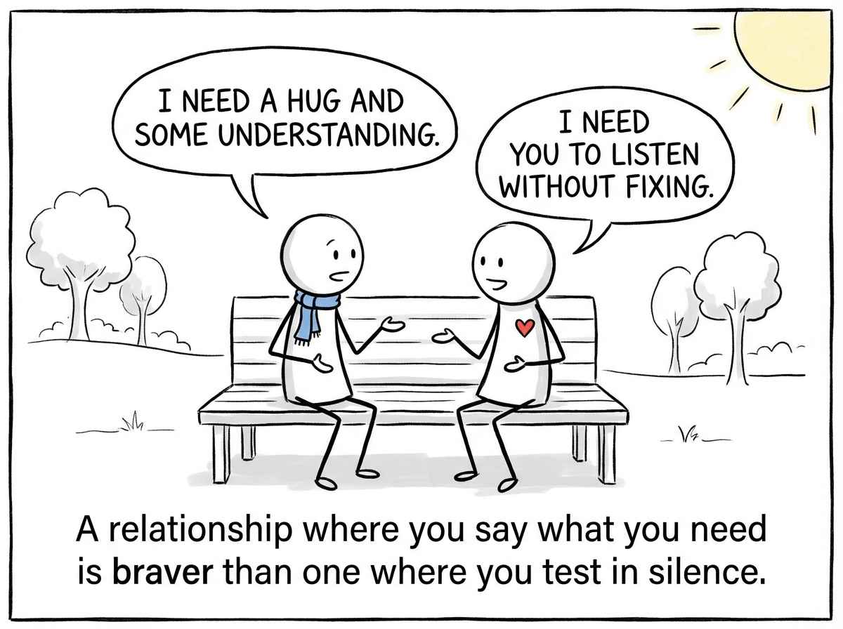 Two stick figures talking openly about what they need. No scorecard. No hidden criteria. Just two people being honest. The relationship feels lighter