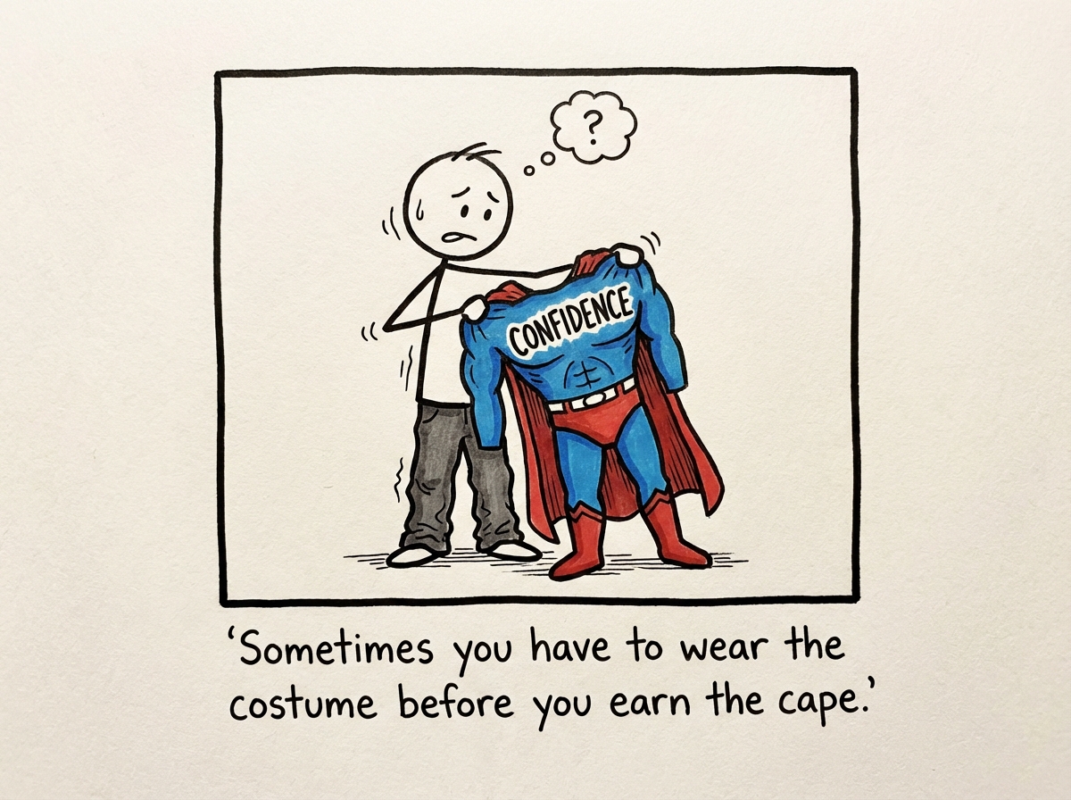A stick figure putting on a superhero costume labeled 'CONFIDENCE' over their regular clothes, looking uncertain but determined