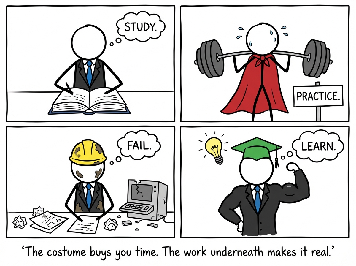 The stick figure in the costume doing the actual work -- studying, practicing, failing, learning -- building muscle underneath the outfit