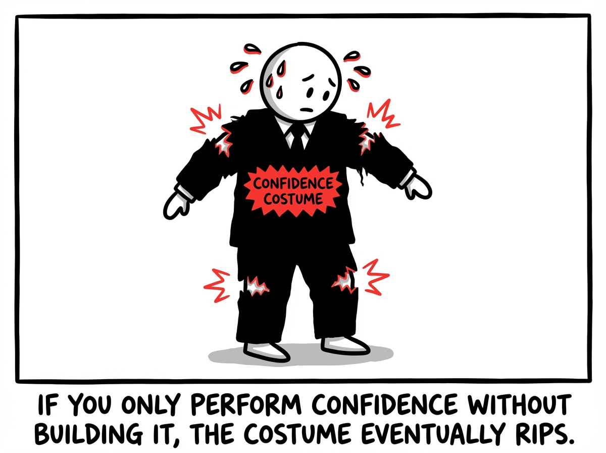 A warning panel: another stick figure wearing the costume permanently, never building anything underneath, sweating nervously as the seams start to tear