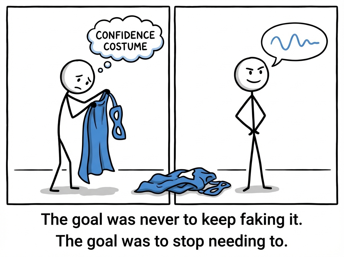 The first stick figure taking off the costume and realizing they no longer need it -- the confidence is now in their posture, their eyes, their voice