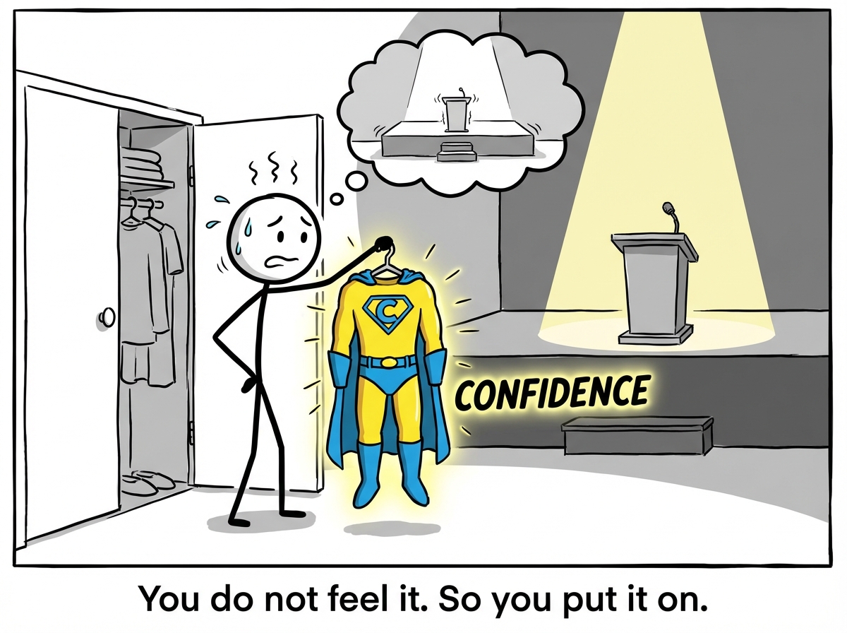 A stick figure standing nervously before a big event -- a presentation stage visible in the background. They pull a glowing costume labeled 'CONFIDENCE' from a closet.