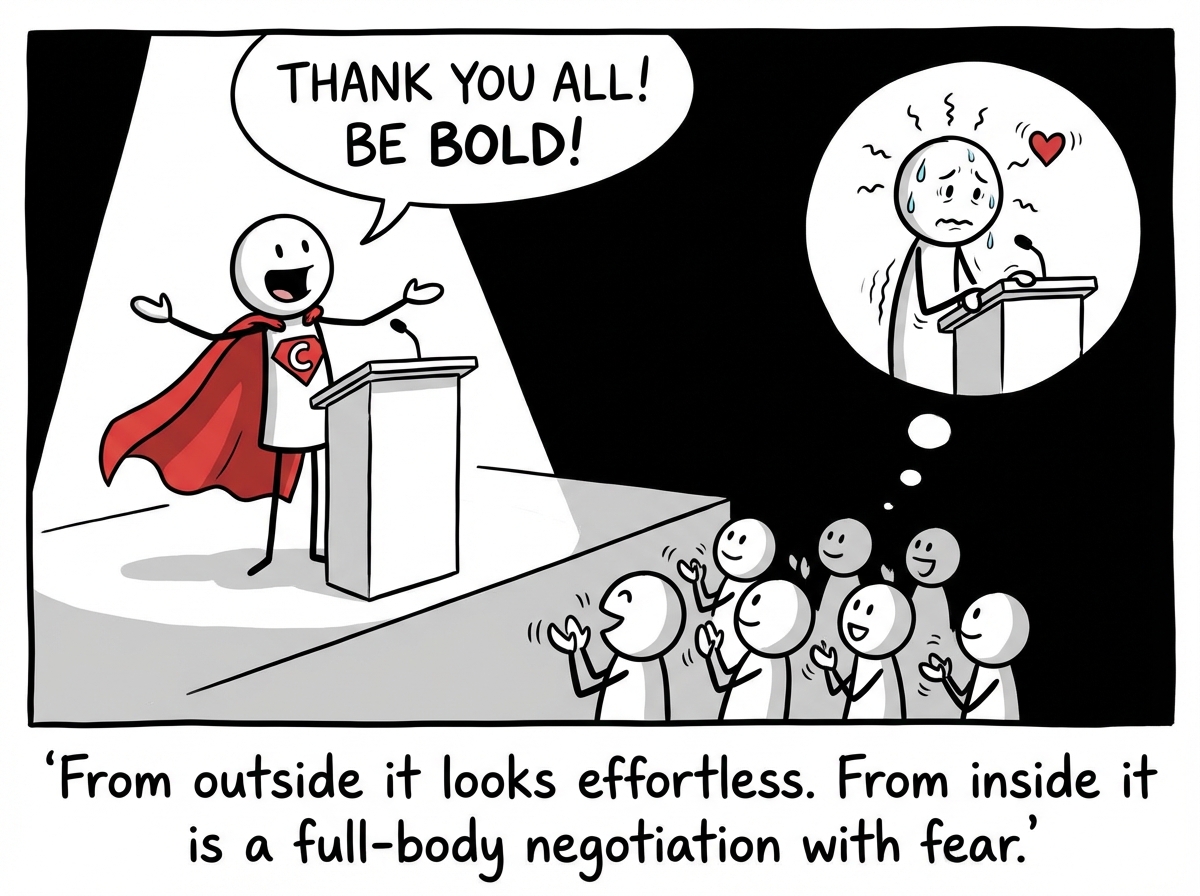 The stick figure wearing the confidence costume on stage, standing tall, speaking clearly. The audience is impressed. But a small cutaway shows the real person inside the costume: sweating, heart racing, gripping the podium.