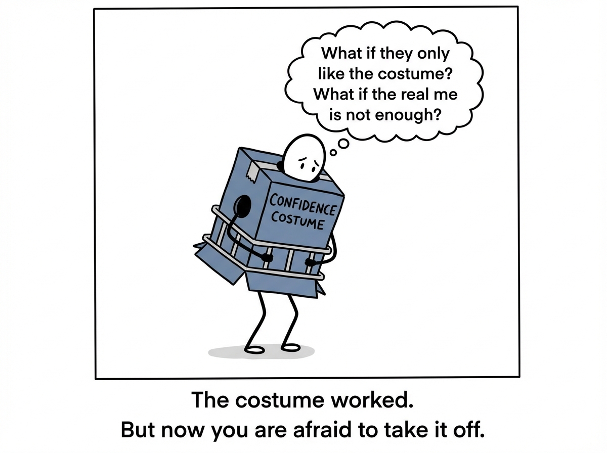 The stick figure after the event, still wearing the costume, now worried: 'What if they only like the costume? What if the real me is not enough?' The costume starts to feel like a trap.