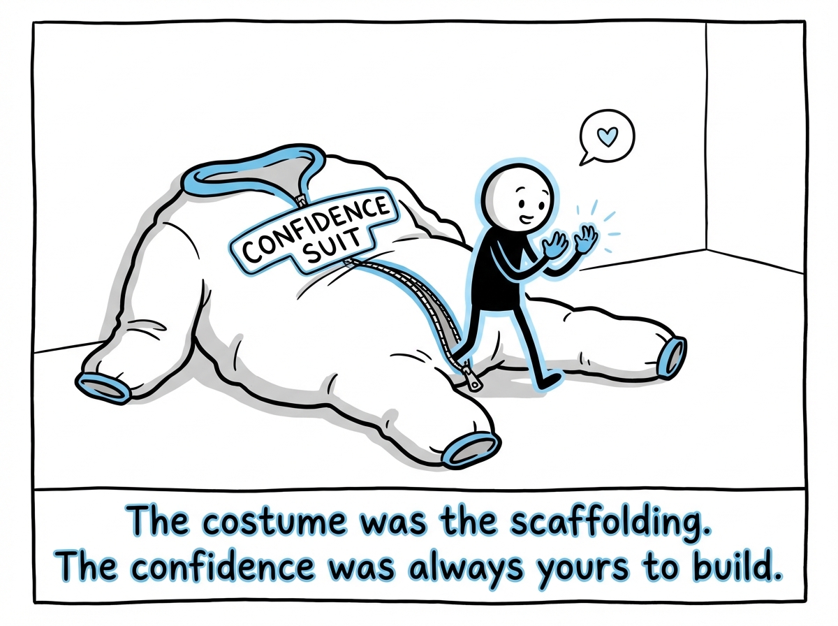 The stick figure unzipping the costume and stepping out, smaller but real. They look at their own hands and realize: the presentation skills, the eye contact, the steady voice -- those were theirs all along. The costume is on the floor.