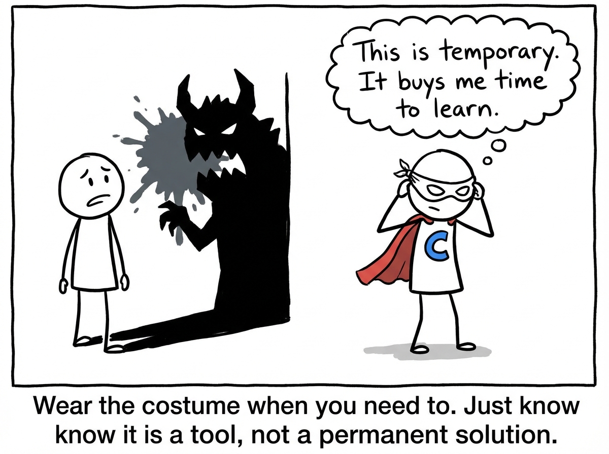 A stick figure putting on the confidence costume before a scary moment, saying: 'This is temporary. It buys me time to learn.'