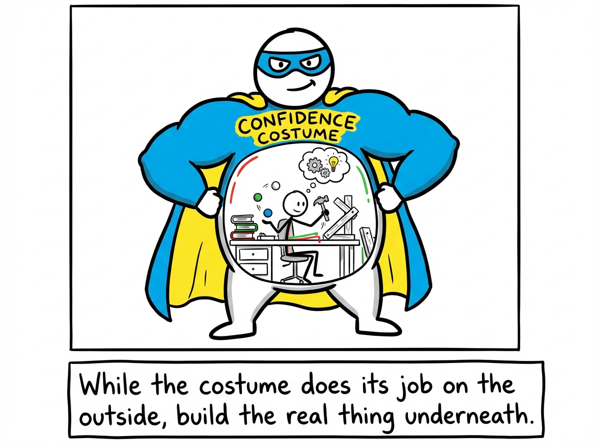 The stick figure in the costume but also reading, practicing, and building skills underneath -- the real work happening inside