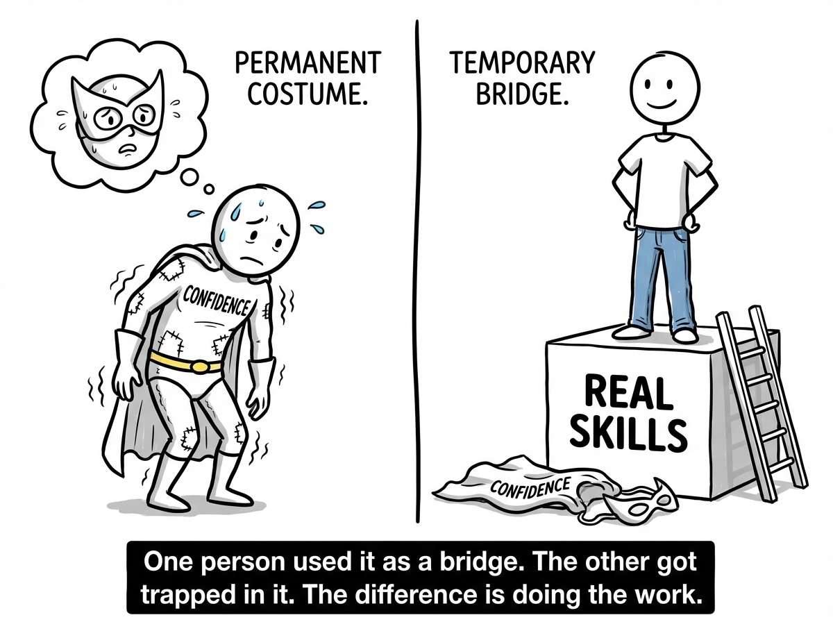 A split comparison: one stick figure wearing the costume permanently, terrified of being found out. Another wearing it temporarily then taking it off, standing on real skills.