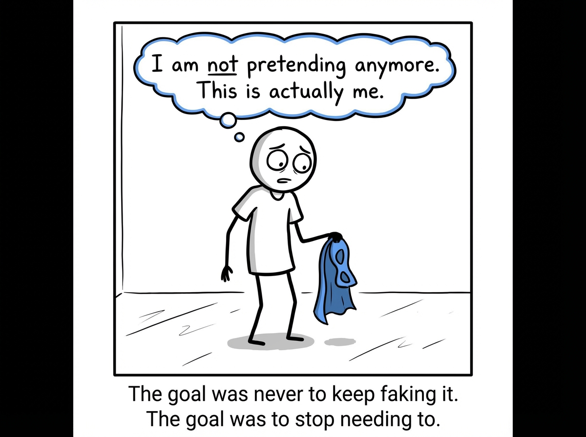The stick figure without the costume, nervous but present, thought bubble: 'I am not pretending anymore. This is actually me.'