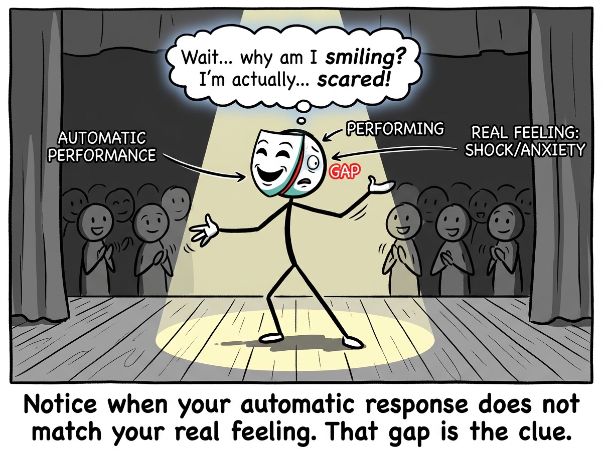 A stick figure mid-performance noticing a flicker of their real reaction underneath, pausing to acknowledge it