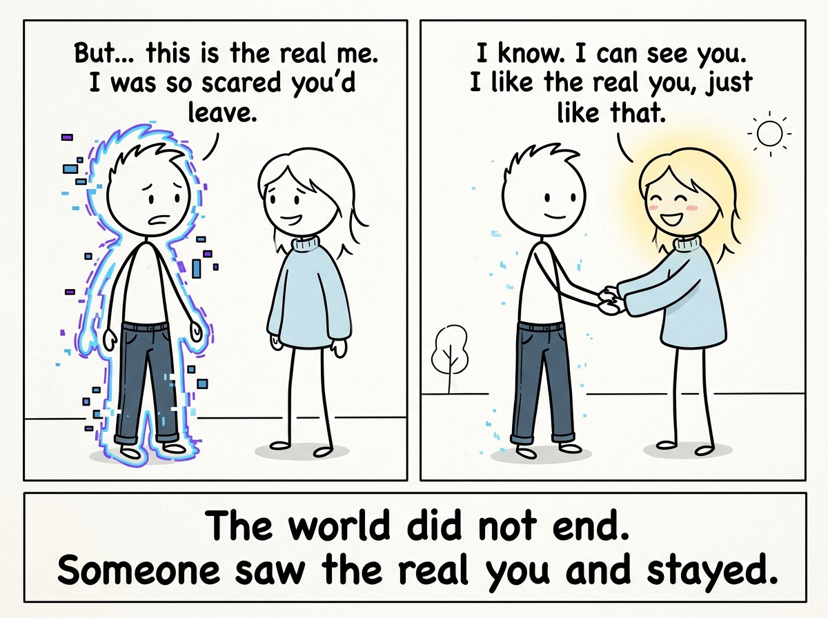 The person they spoke to responding warmly, not rejecting the real version, the false self flickering like a hologram