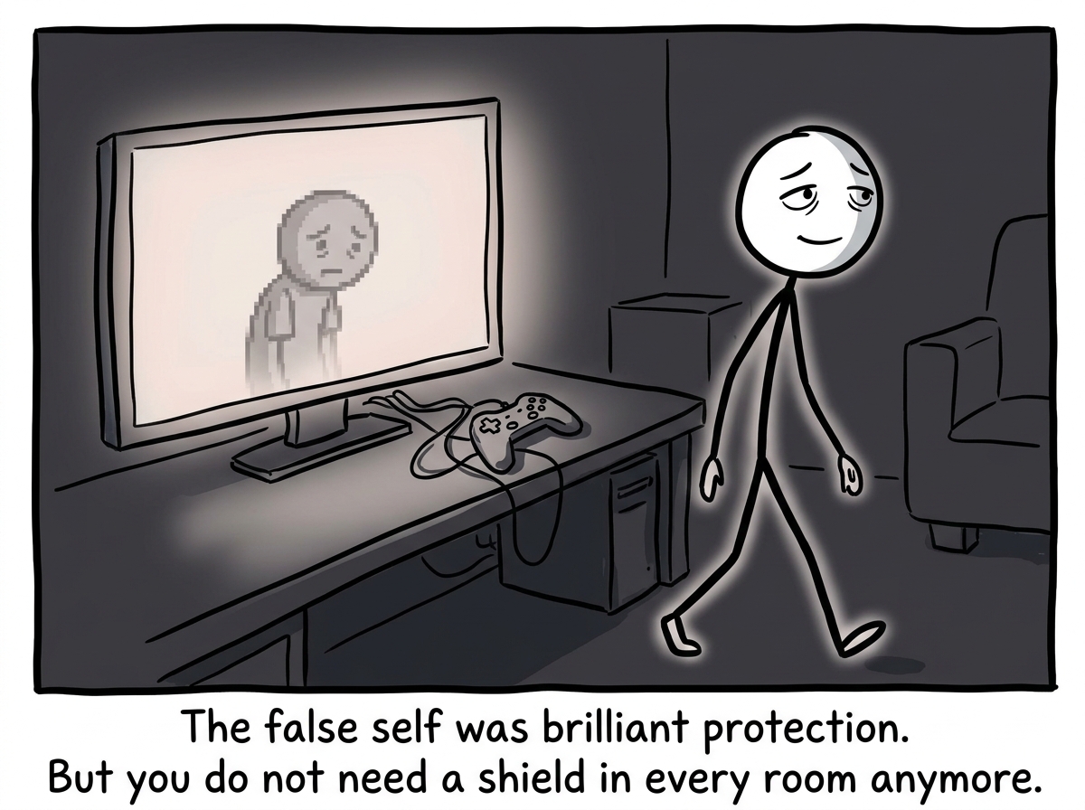 The stick figure walking away from the game controller, the avatar dimming on screen, looking tired but present for the first time