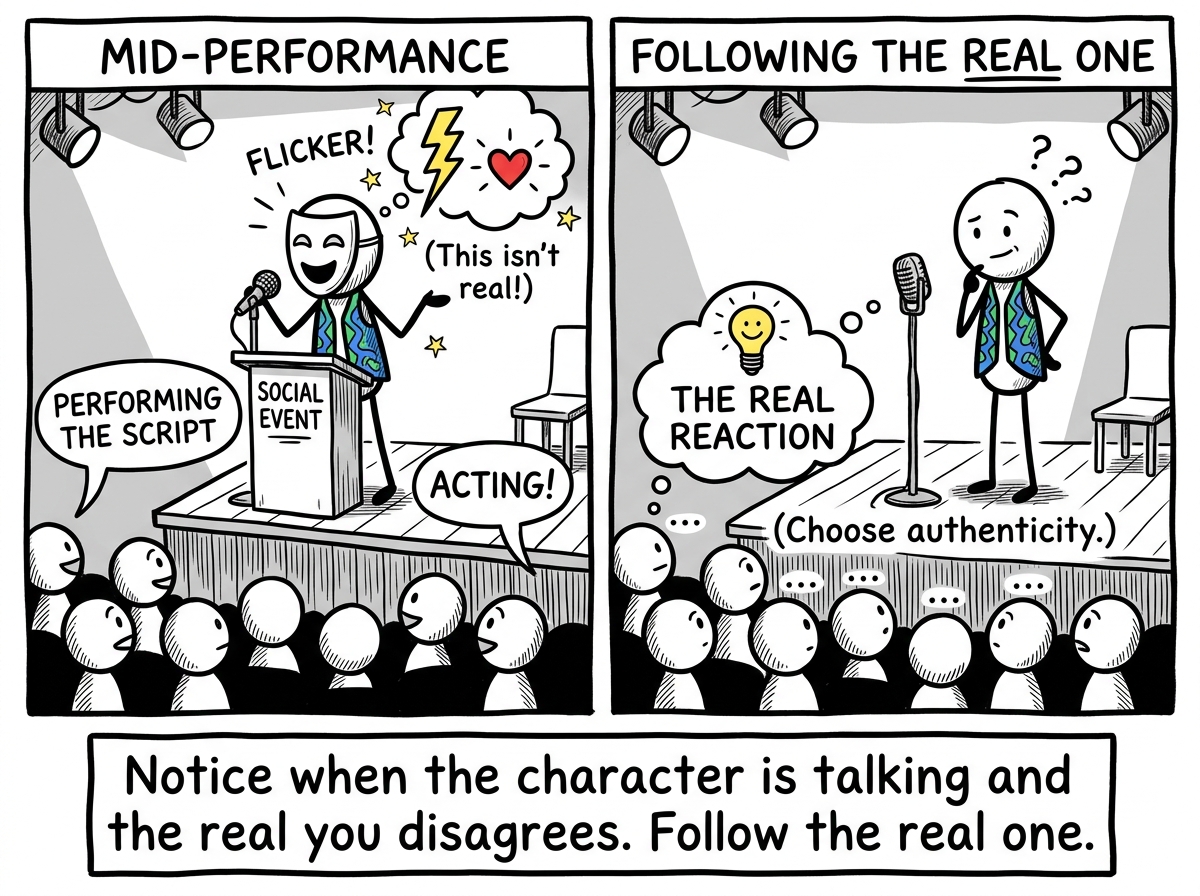A stick figure mid-performance at a social event, noticing a flicker of their real reaction and choosing to follow it instead of the script