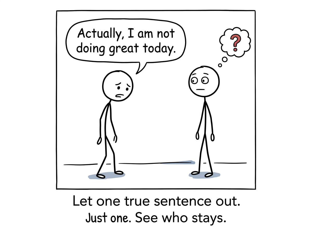 The stick figure saying 'Actually, I am not doing great today' instead of the automatic 'I am fine,' looking vulnerable but honest