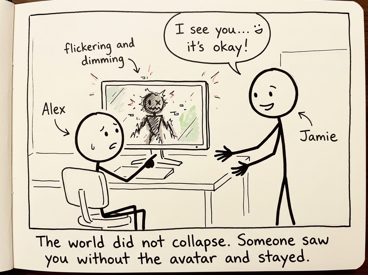 The person they spoke to responding with warmth, not rejection, the avatar on the screen flickering and dimming