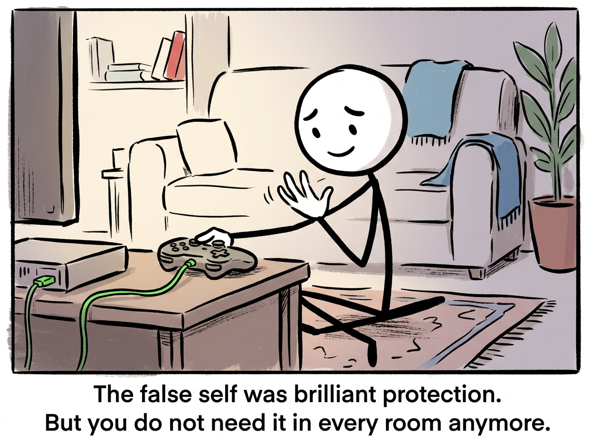 The stick figure setting the controller down gently, looking at their own hands, alive and present for the first time in years