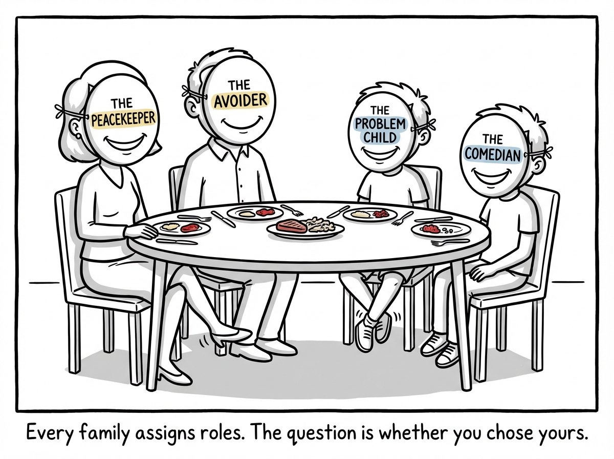 A family dinner table with each member wearing a mask labeled with their role: The Peacekeeper, The Avoider, The Problem Child, The Comedian. Everyone smiles but nobody is being real.